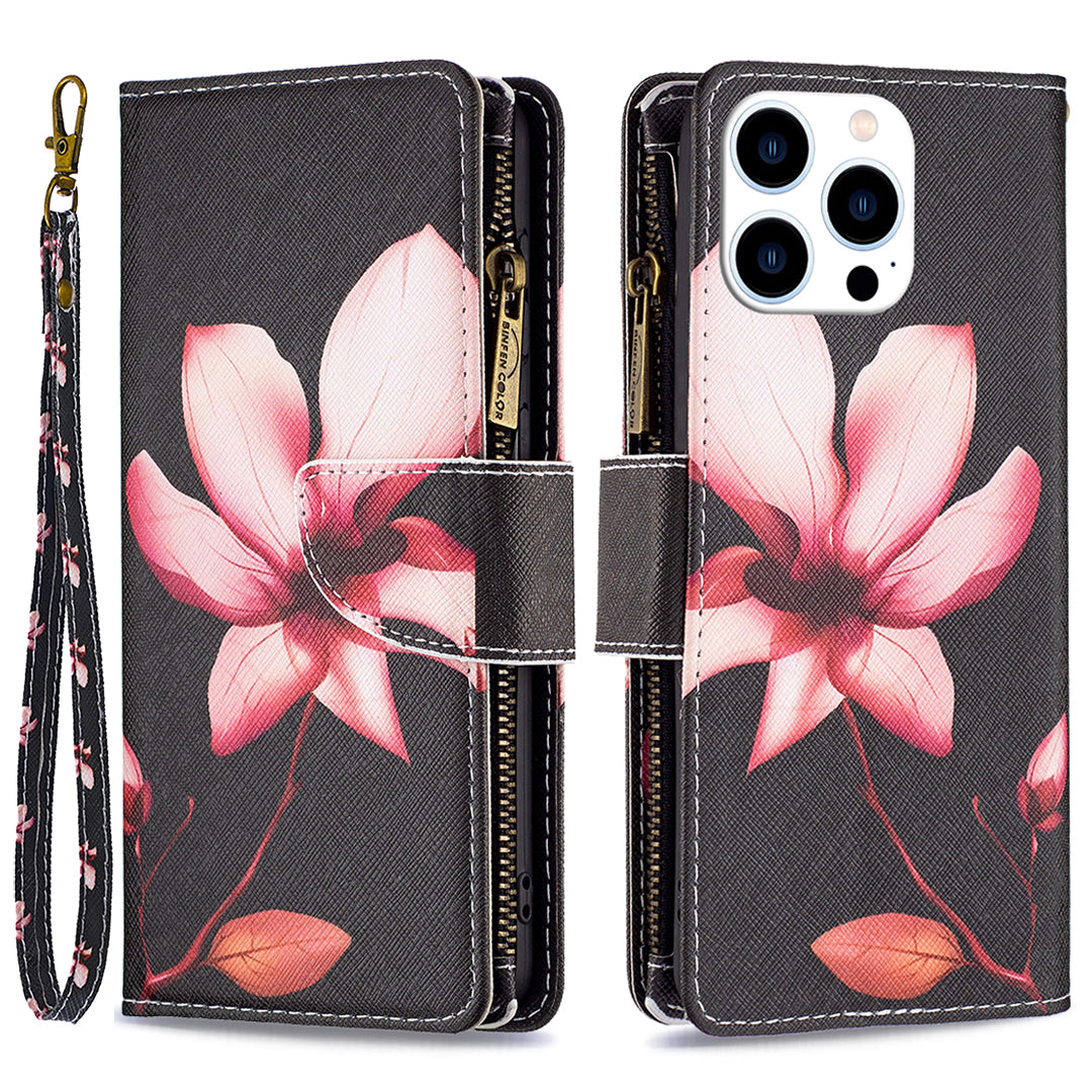 BF03 Zipper Pocket Leather Case for iPhone 15 Pro , Pattern Printing Stand Wallet Phone Cover - Pink Flower BF03 Zipper Pocket Leather Case for iPhone 15 Pro , Pattern Printing Stand Wallet Phone Cover - Pink Flower